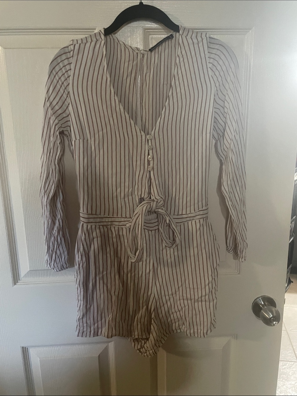 Cream and Brown Striped Long-Sleeve Tie-Waist romper